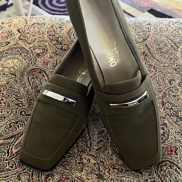Salvatore Ferragamo Shoes - Salvatore Ferragamo Olive Suede Loafers with Silver Accent